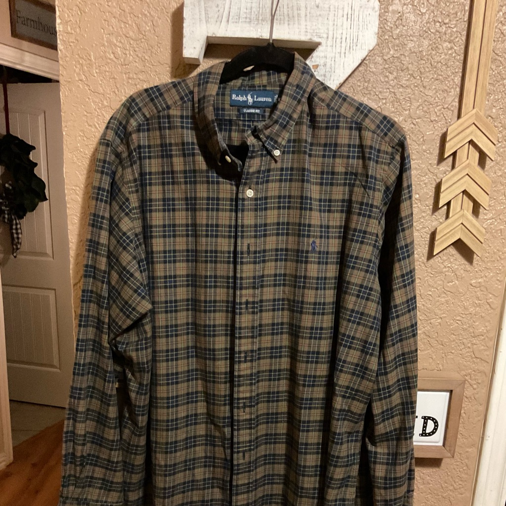 Ralph Lauren Men’s Brown And Navy Plaid Button Front Long Sleeve Size Xl